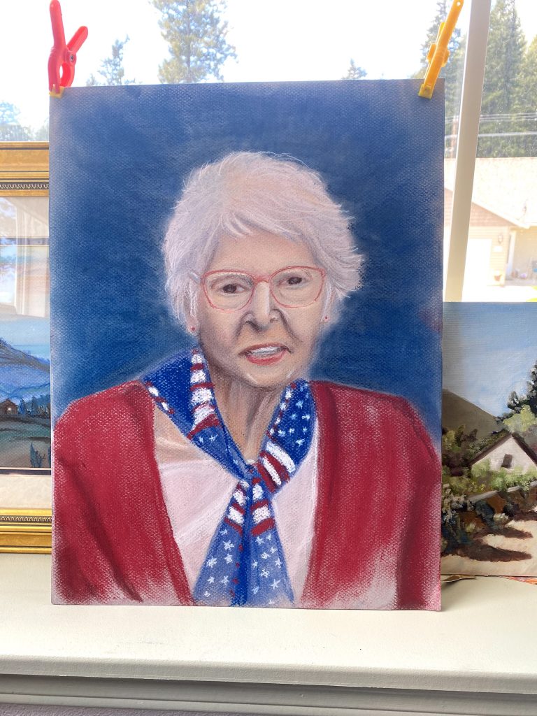Pastel portrait of an elderly woman wearing red, white, and blue