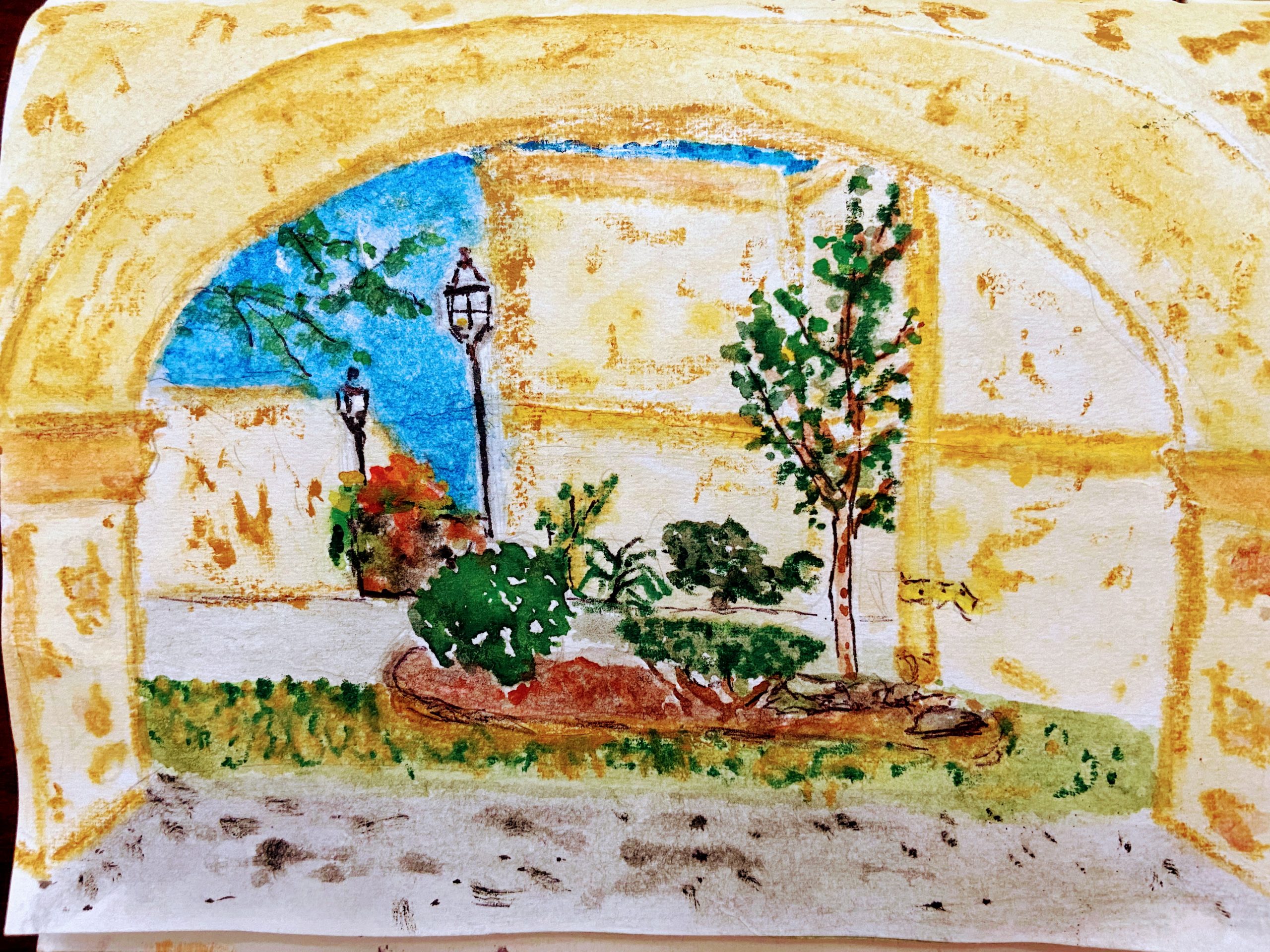 An art journal painting of the view from a room at Los Abrogados resort in Sedona, Arizona