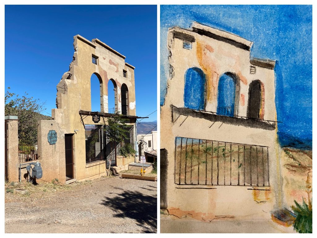 A photograph and painting of the ruins of the old grocery store in Jerome, Arizona