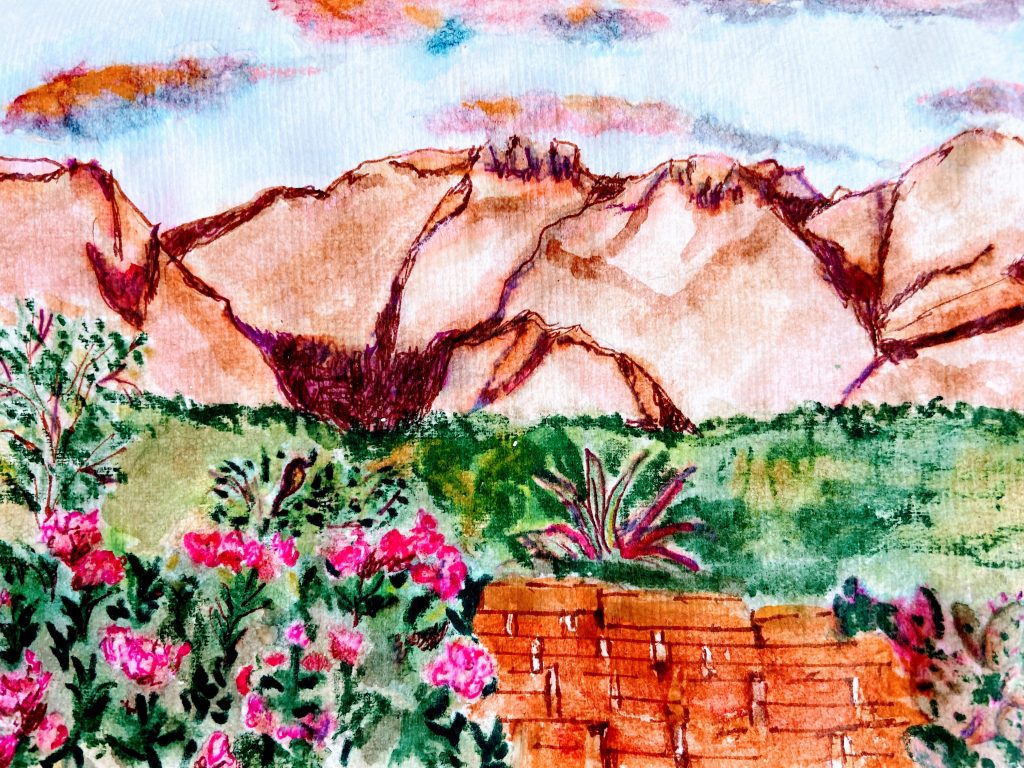 Art journal painting of the Santa Catalina Mountains as veiwed from my window