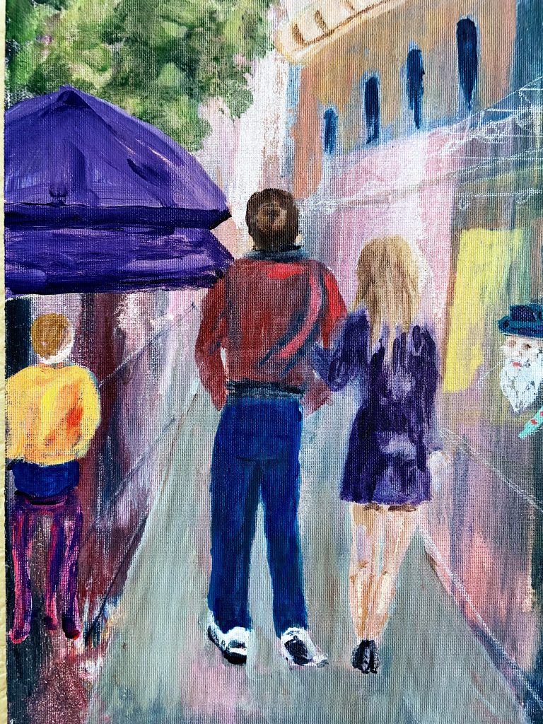 In-progess painting of a street scene and a couple walking arm in arm.  
