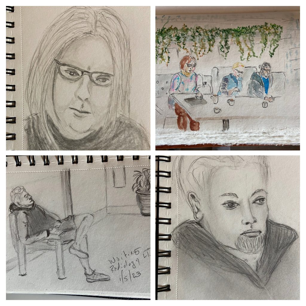 Three sketches and a painting of people captured in public settings