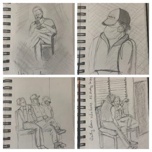 Four sketches of people in waiting rooms