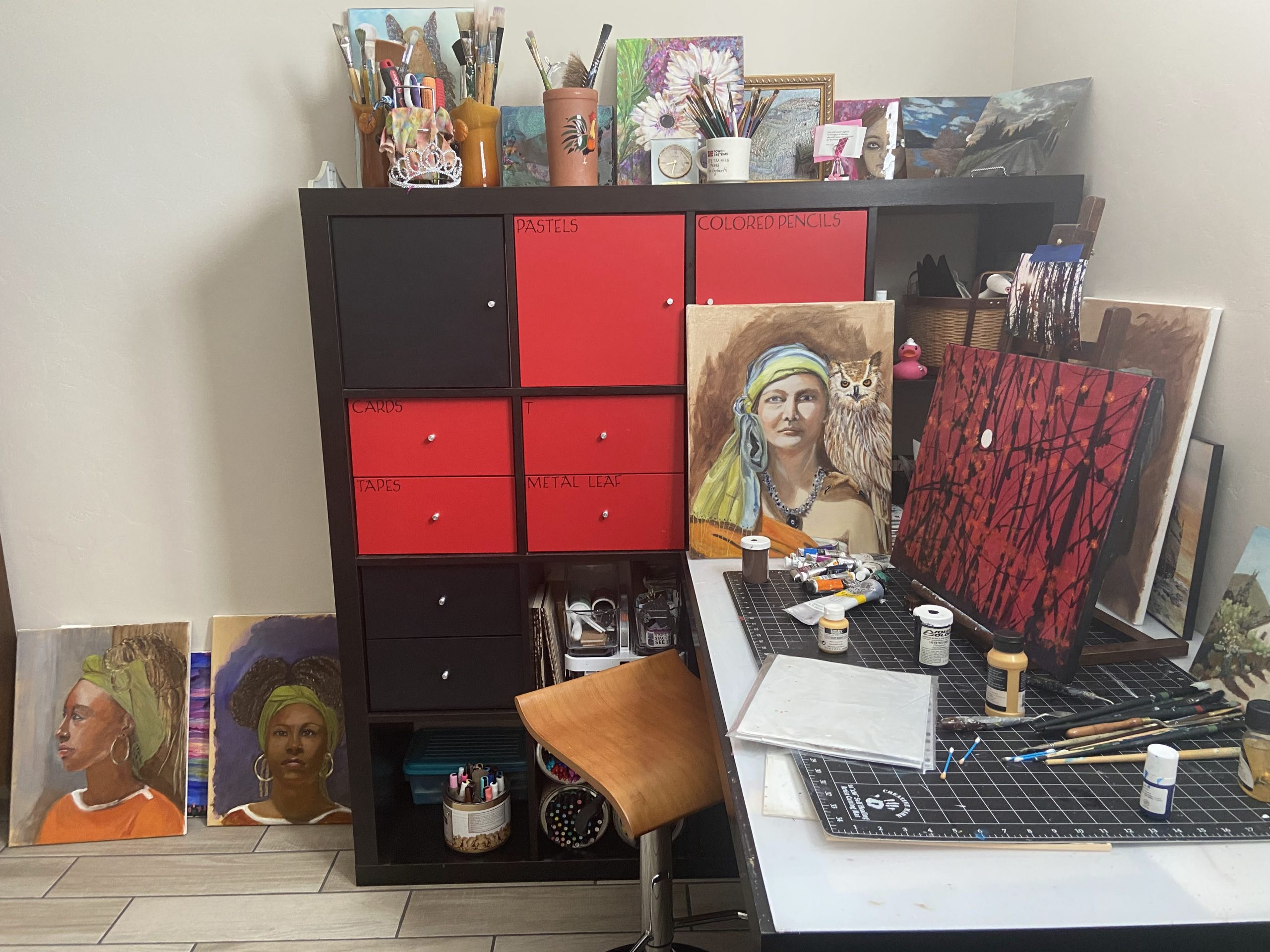 Studio setup with paintings in-progress