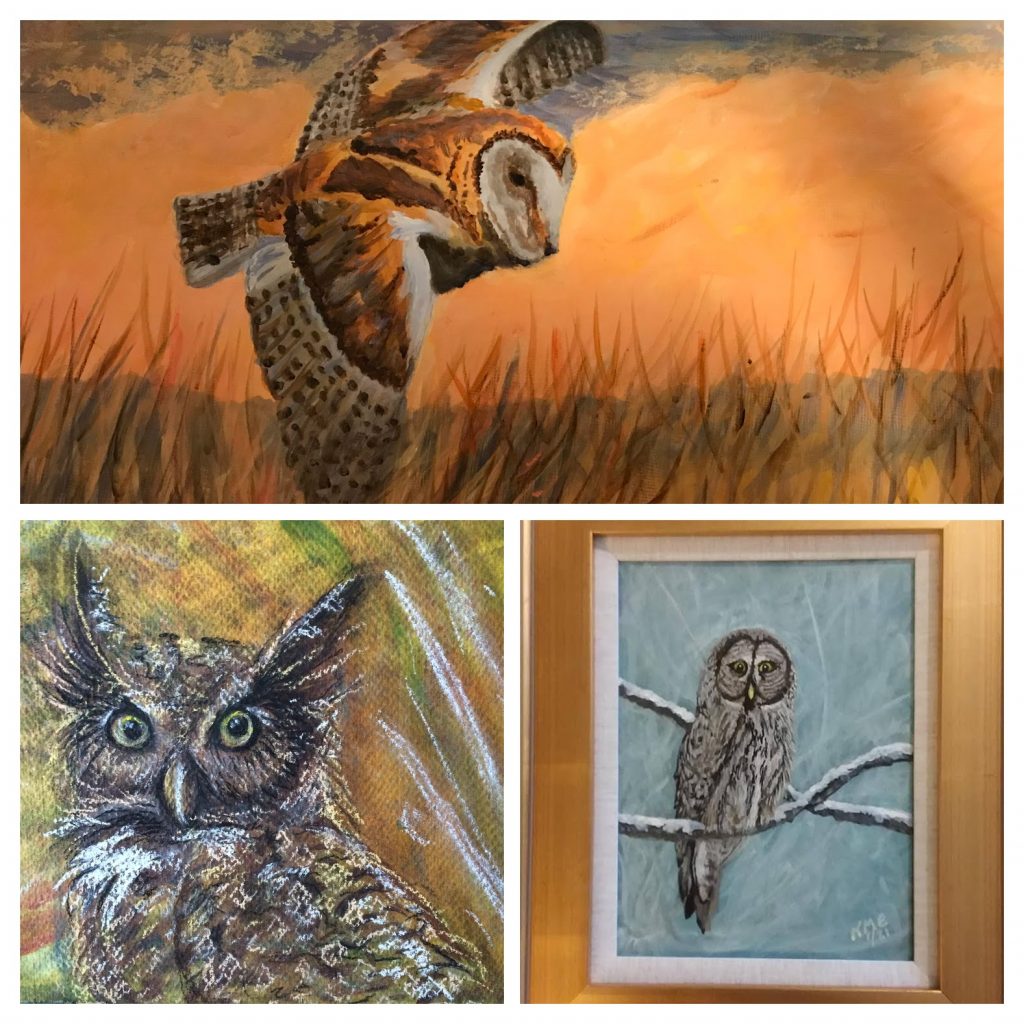 Three owl paintings