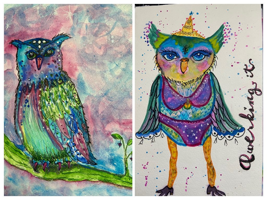 Two quirky owl paintings
