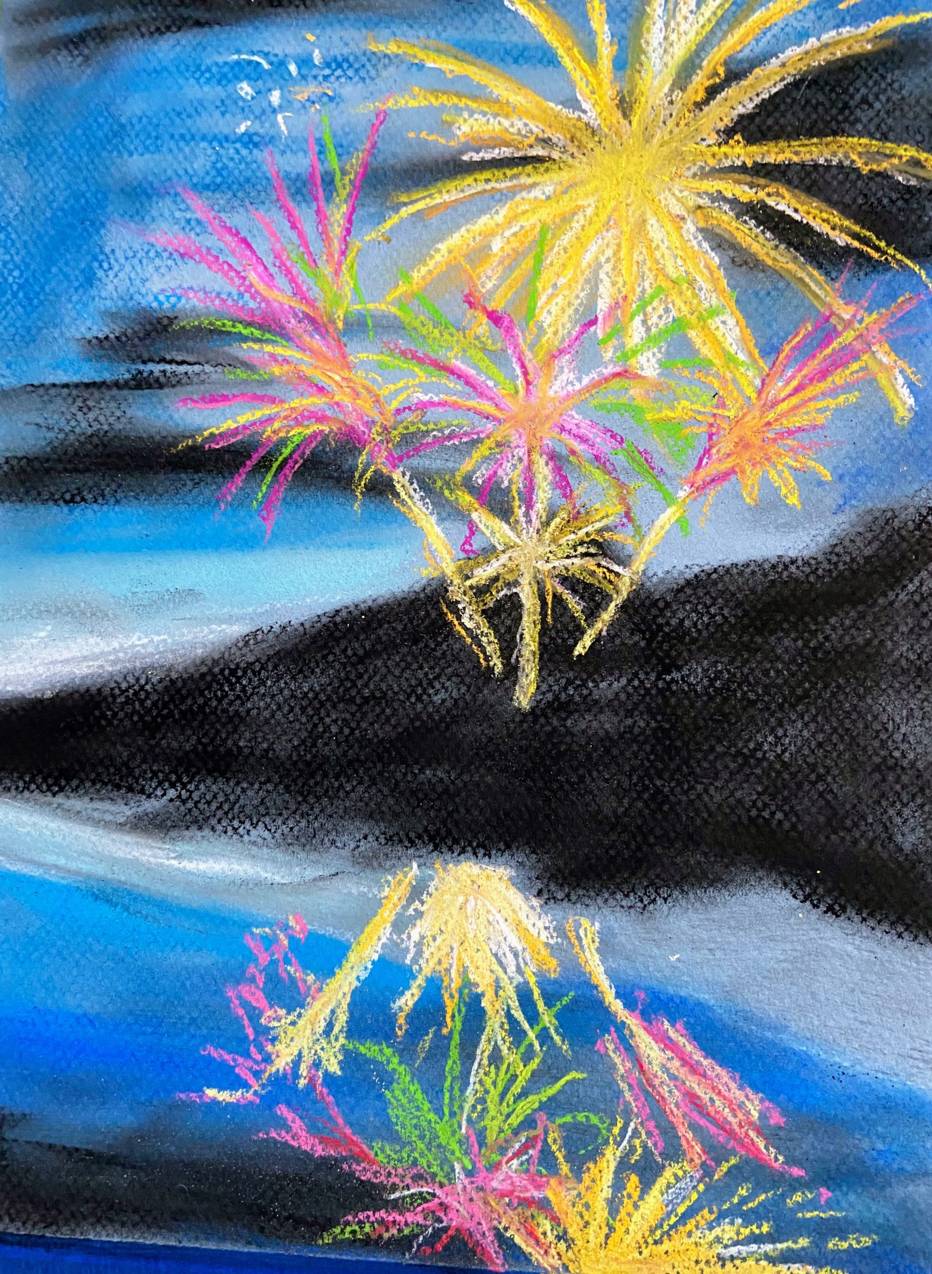 Final soft pastels painting, one of three fireworks paintings.