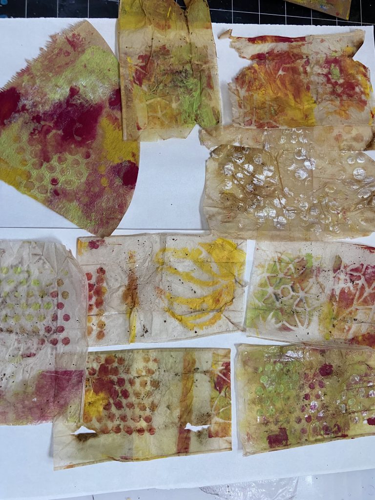 Teabags painted with a gelli press