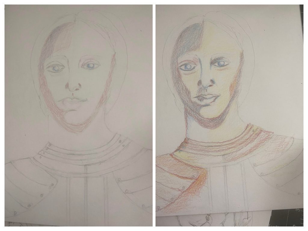 Early Colored Pencil Layers of a portrait depicting Joan of Arc