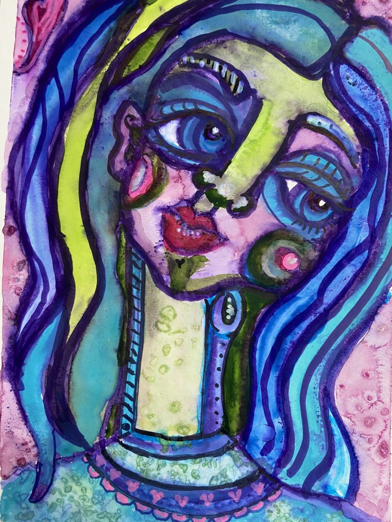 Wonky style colorful portrait done in watercolors and markers