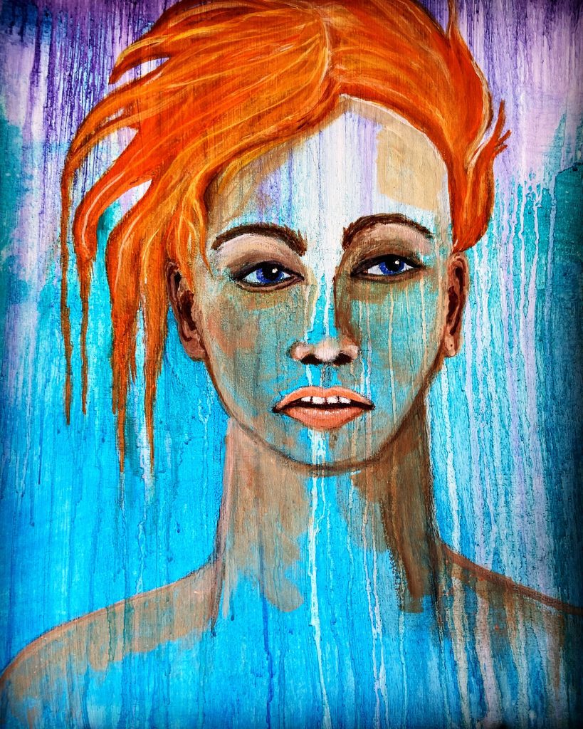Portrait painted on a canvas dripped with paint