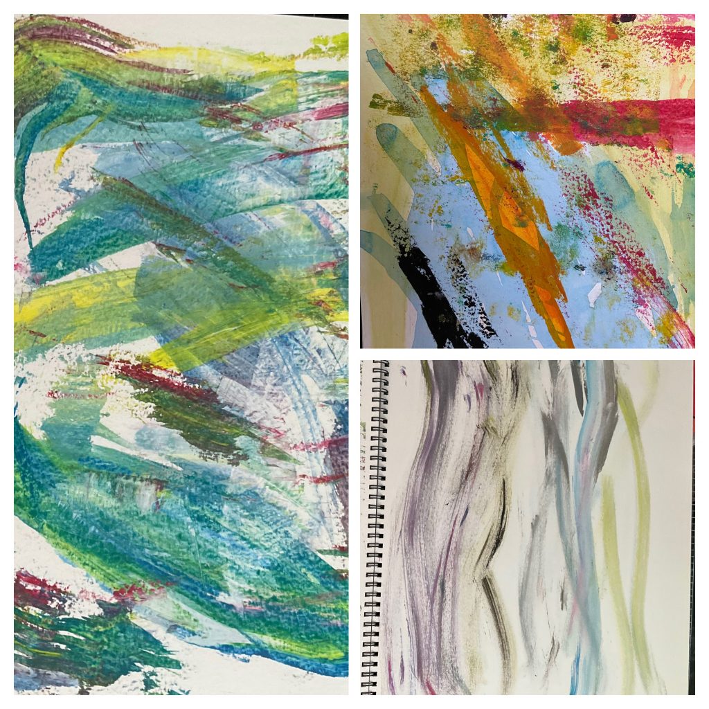 Three examples of paint scraped on to mixed-media paper.
