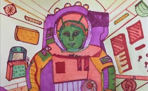 Mixed media painting of a young girl as an astronaut