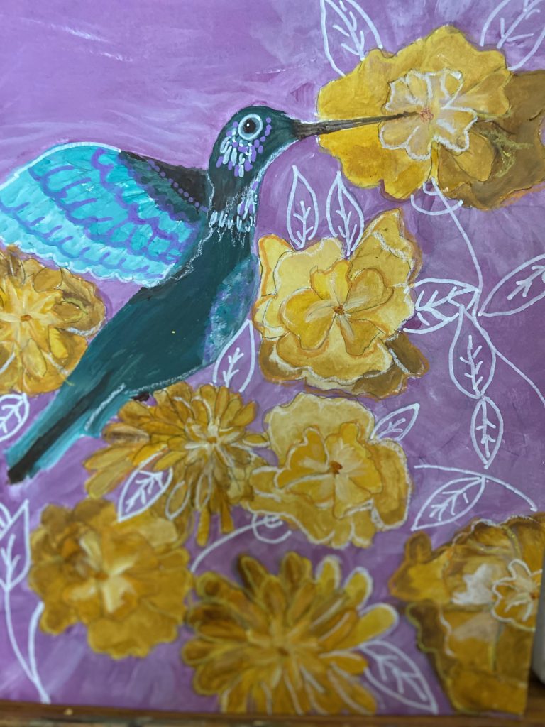 Mixed Media Painting of a Colorful Hummingbird 