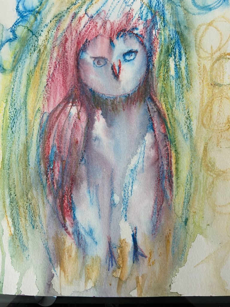 Owl drawing done with Caran d/Arch Neoocolor Crayons