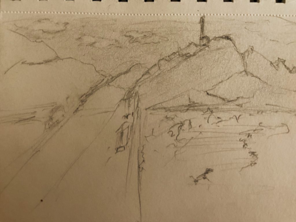 Pencil sketch of the view on the road