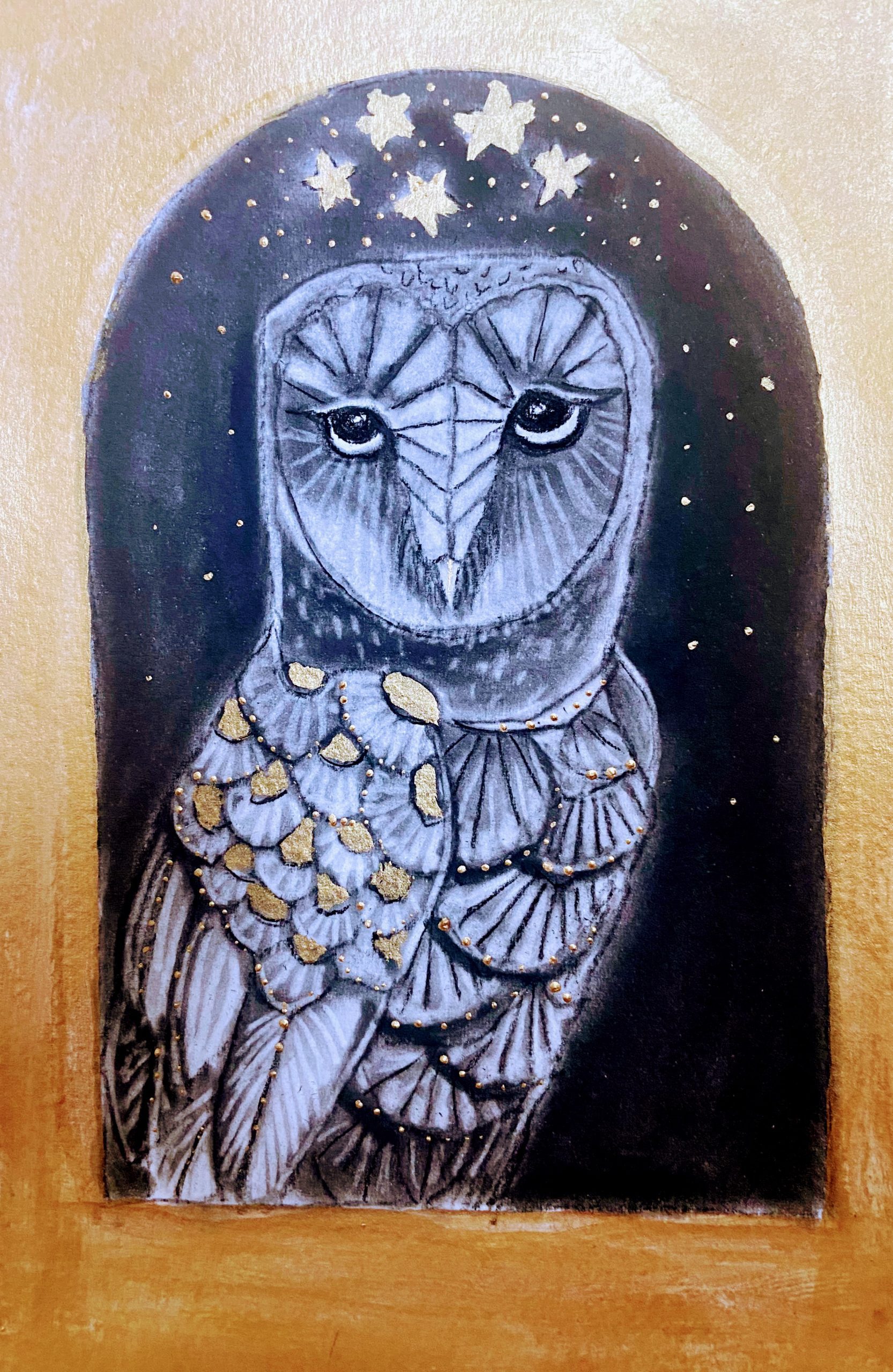 Mixed Media Owl Painting with charcoal, pan pastel, and acrylic paint