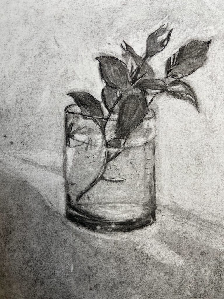 Charcoal drawing of a rosebud in a glass tumbler  from the Milan Art Institute Mastery Program art school.