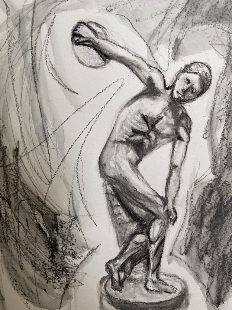 Charcoal sketch of a classical statue showing a discus thrower
