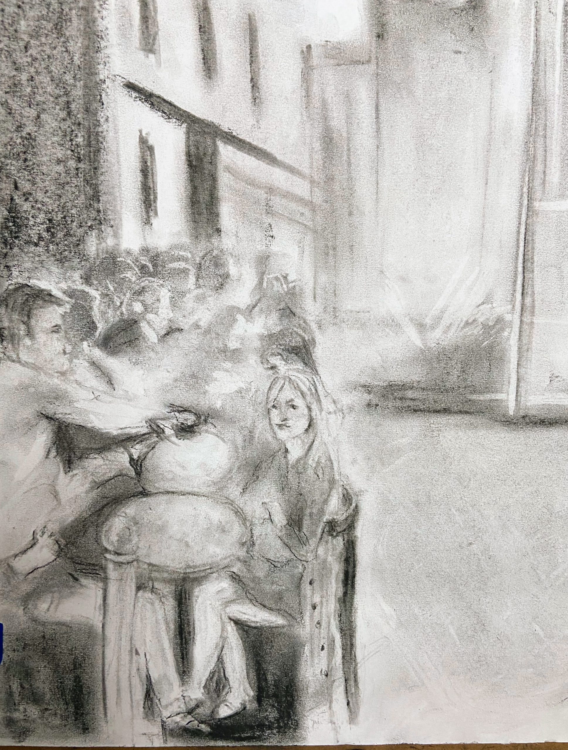 Charcoal drawing of a crowd of people at an outdoor cafe