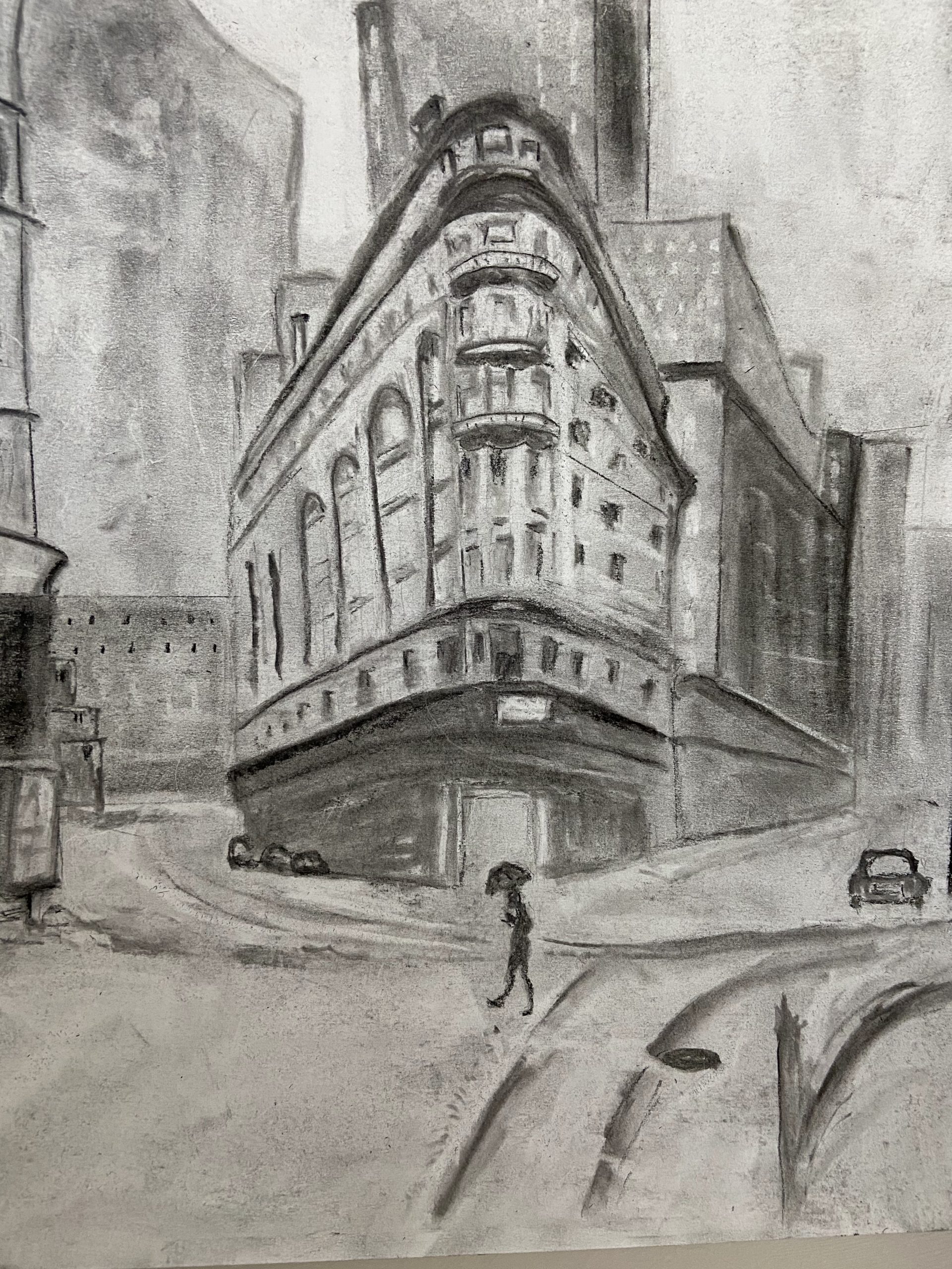 Charcoal drawing of teh Flatiron Builidng in New York City