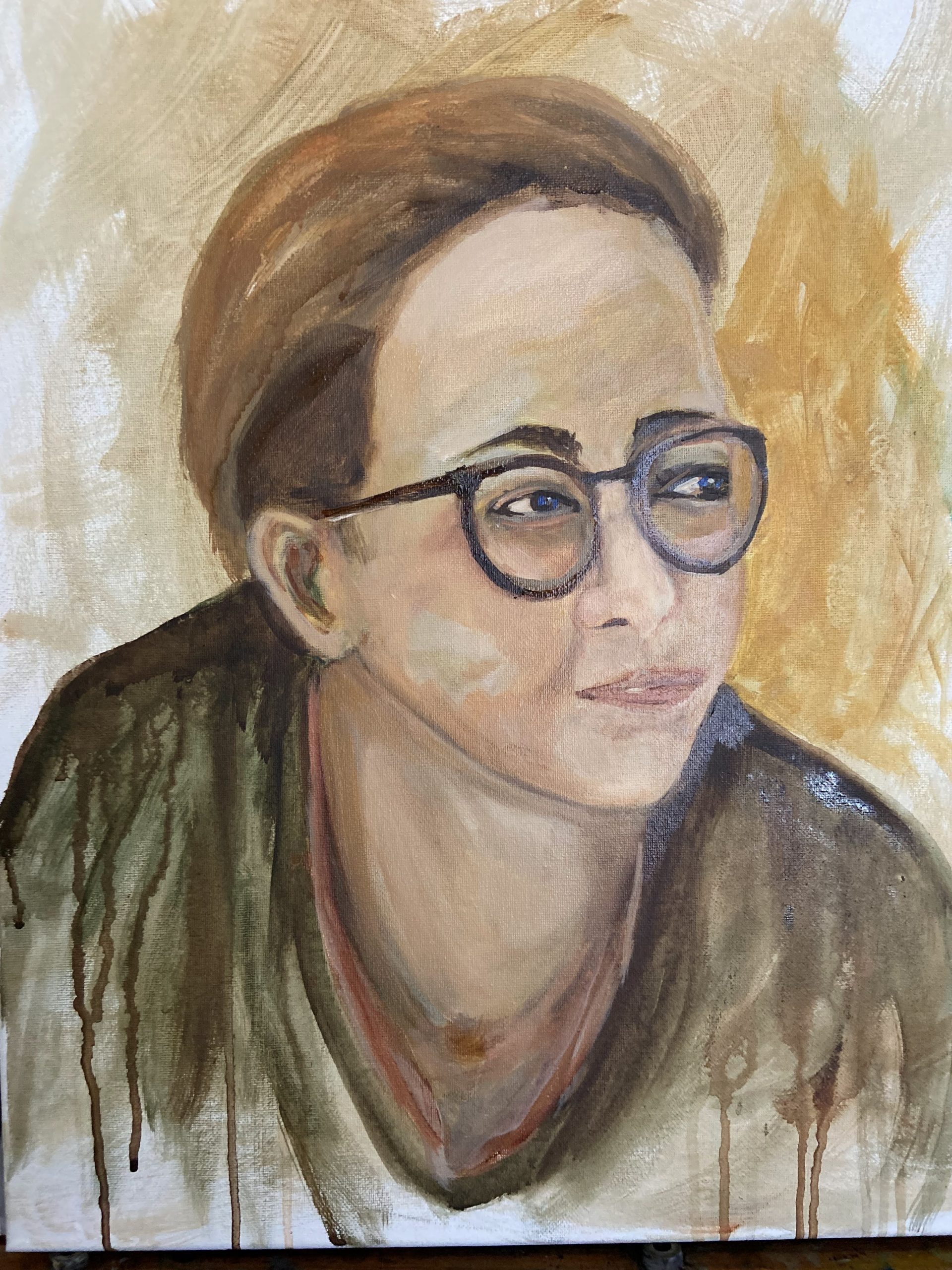 Oil portrait of a young woman wearing glasses