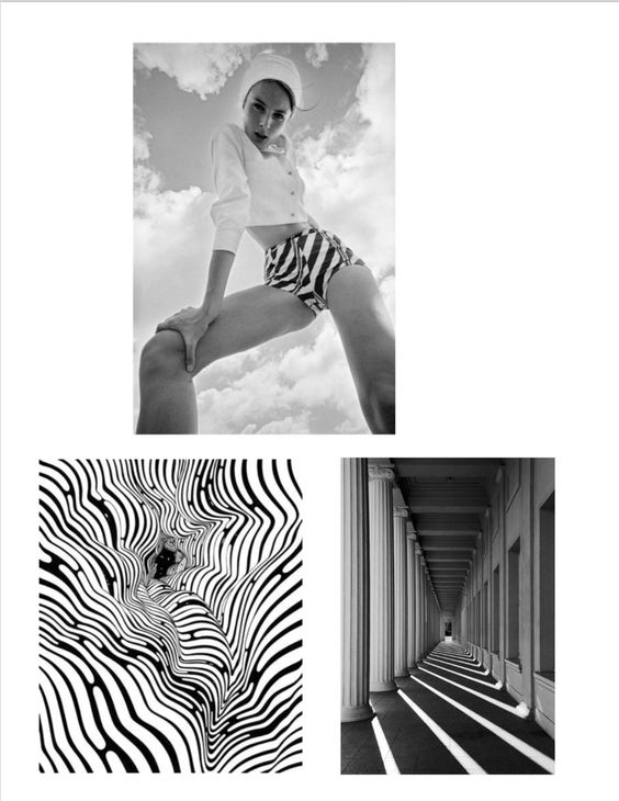 Three photos to be combined in one drawing. This shows a woman, a psychedelic pattern and a hallway lined with columns