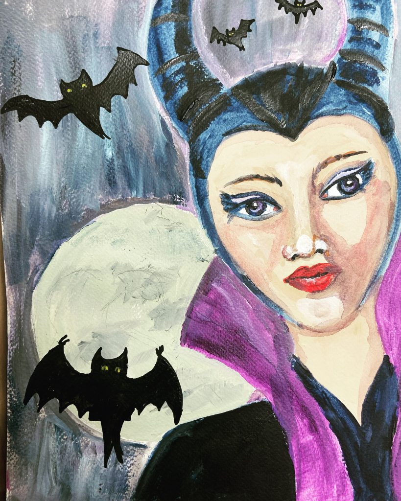 Whimsical painting of the character Maleficent in front of a full moon and flying bats