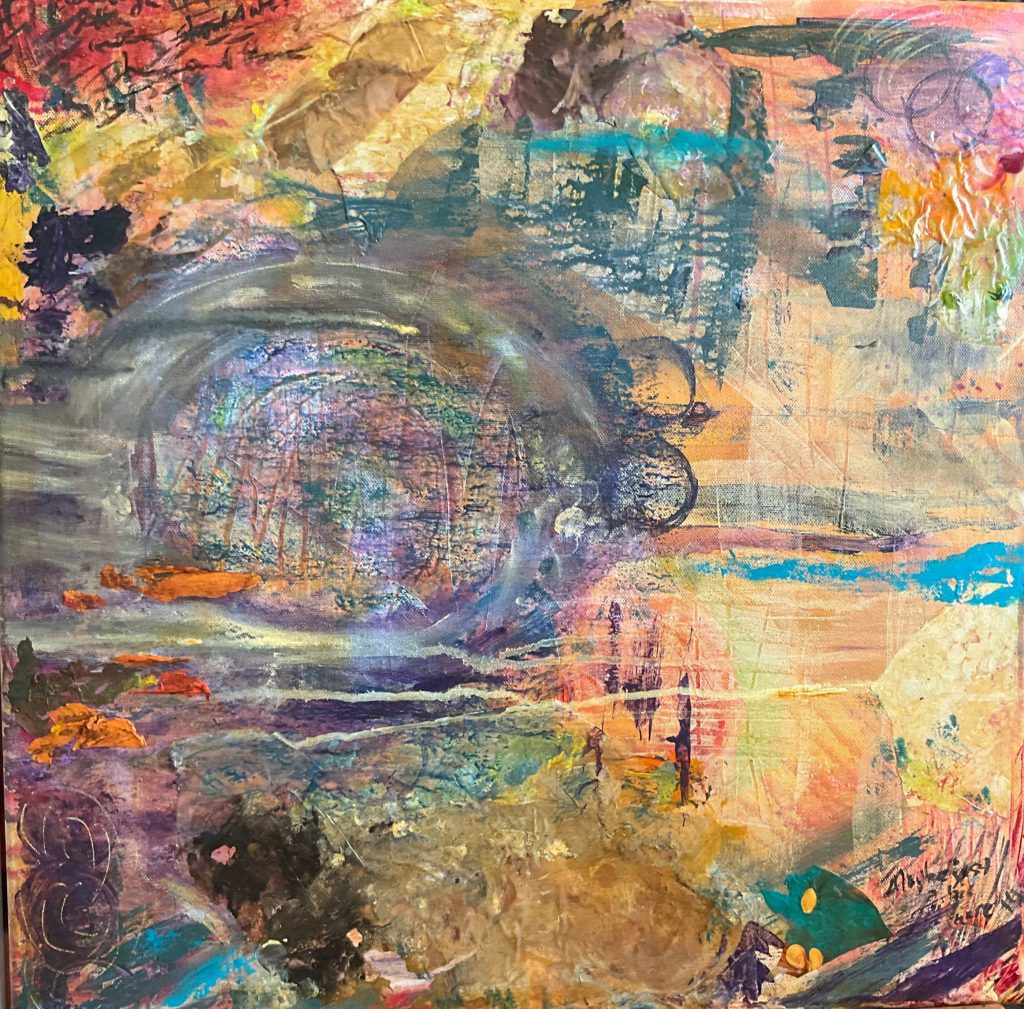 Abstract painting using acrylics, collage and inks.