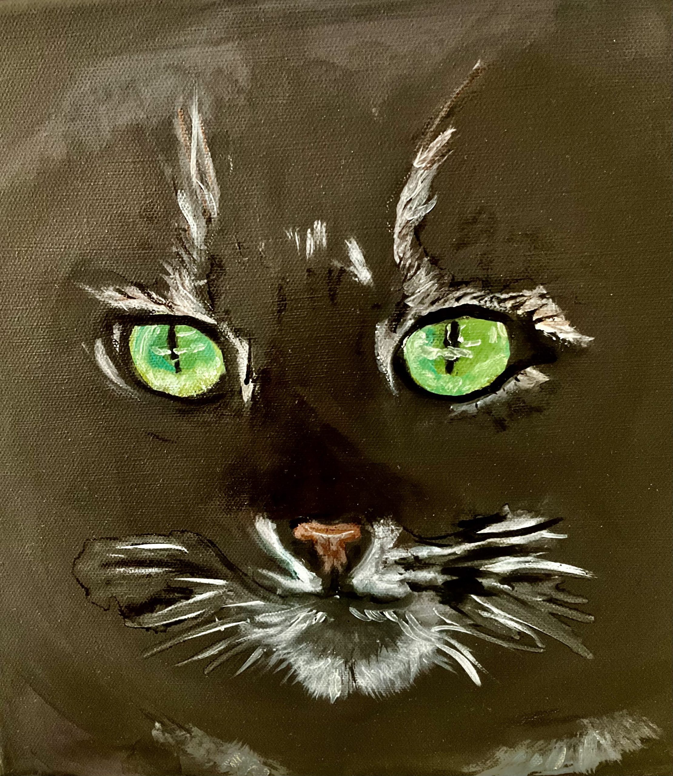 Black cat painting with white whiskers and hairs
