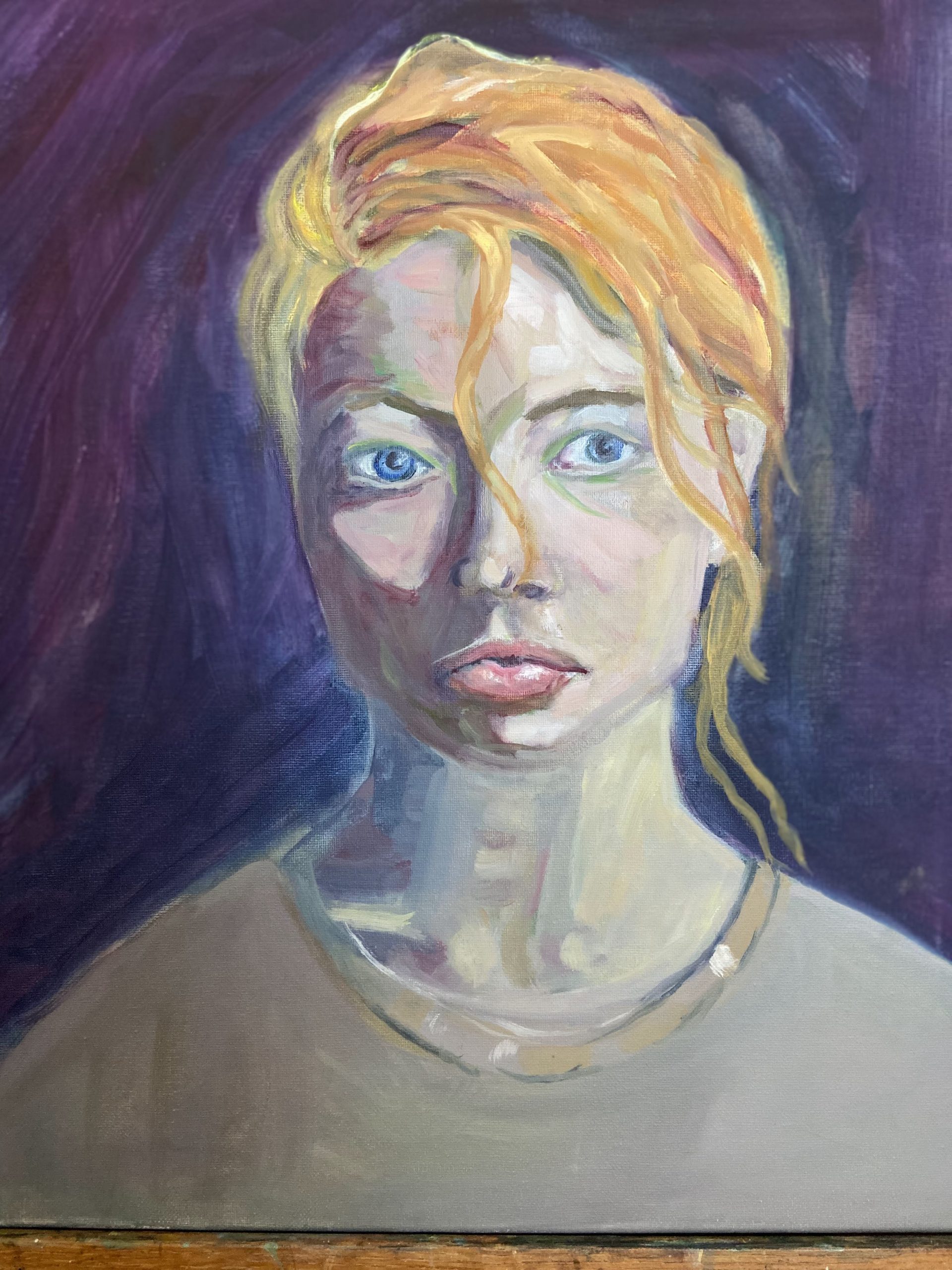 Oil painting portrait of a oung woman looking straight ahead