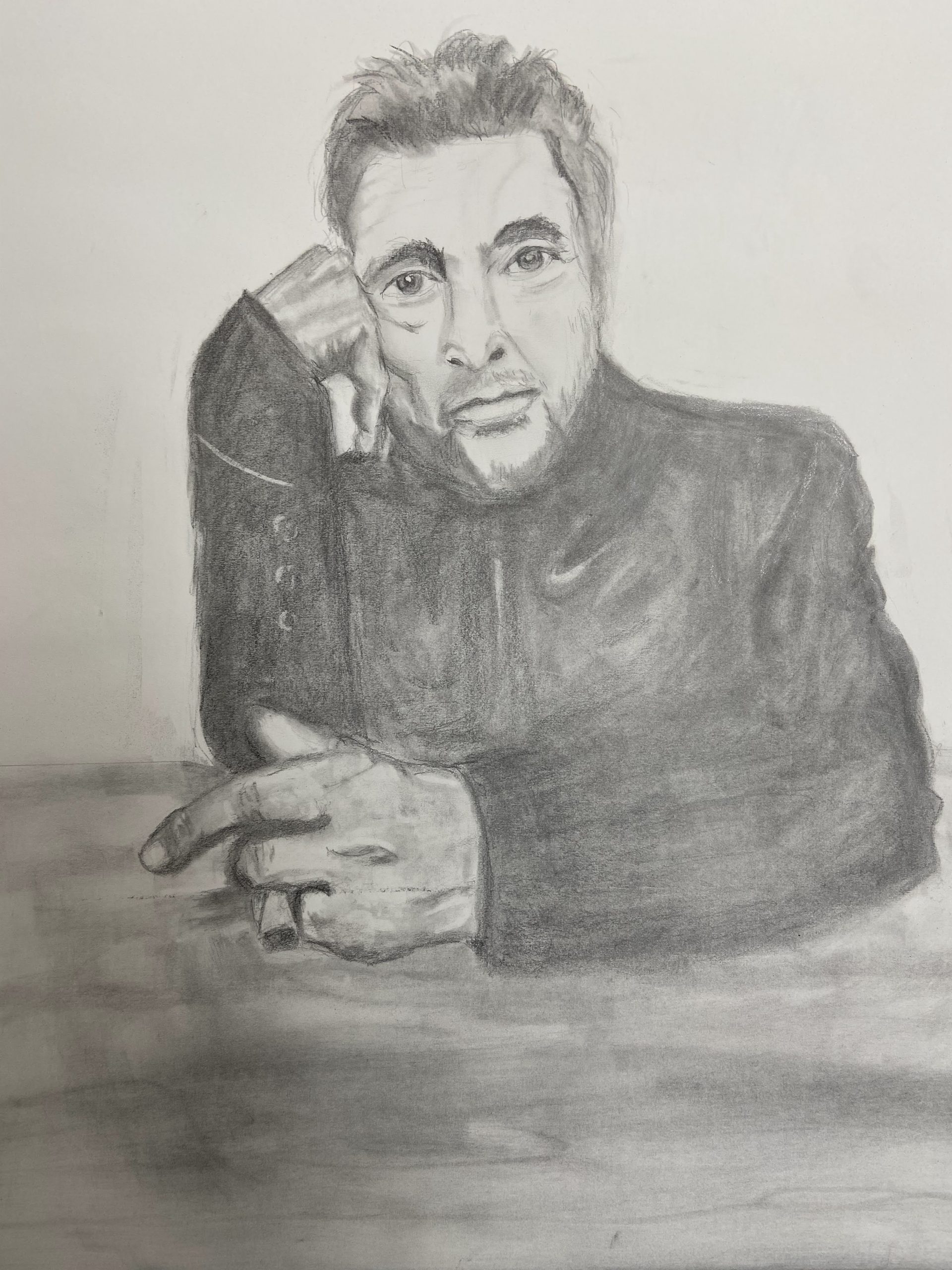 Graphite foreshortened drawing of dustin Hoffman