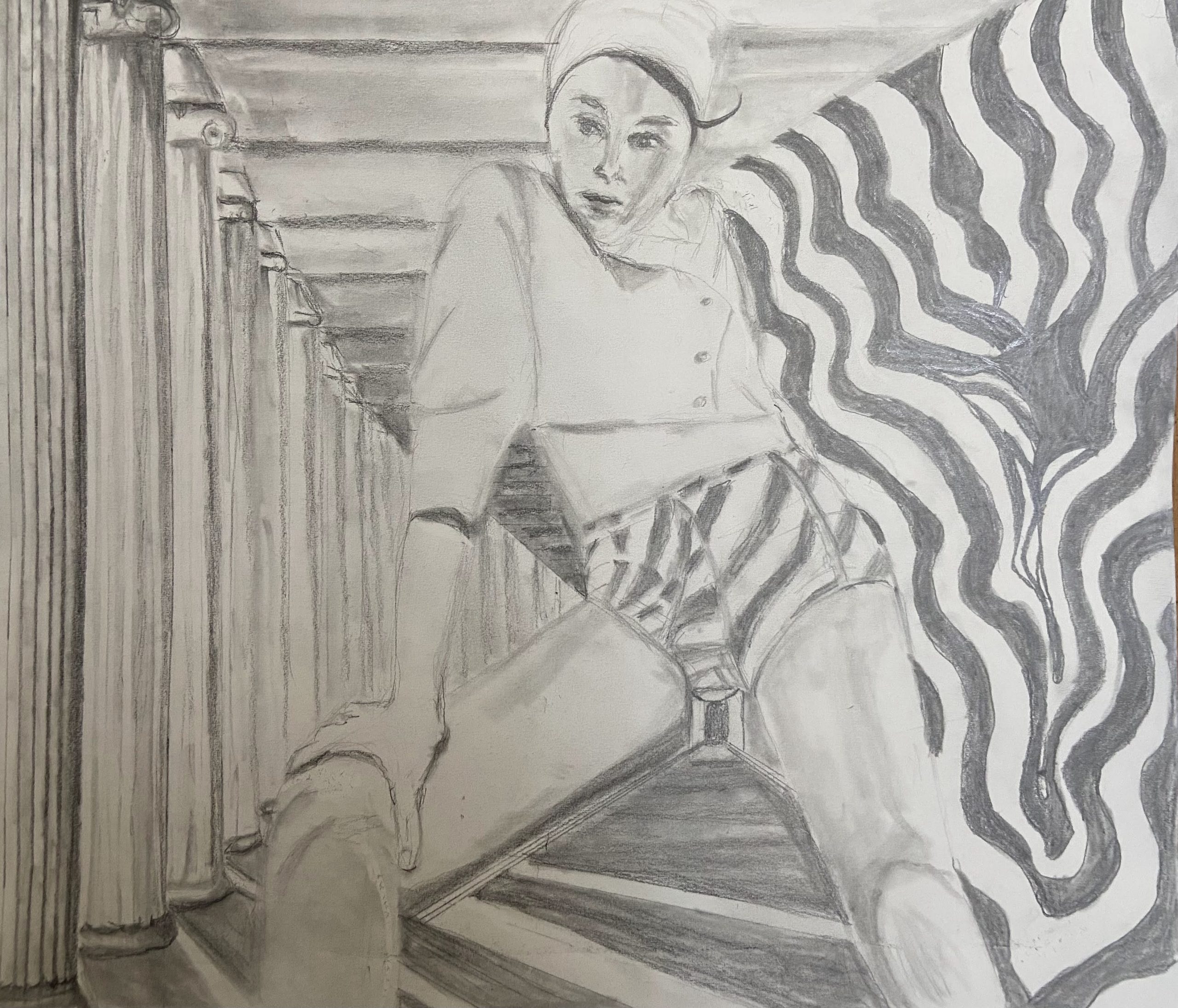 Graphite drawing showing a woman standing in a hall of columns and a psychedelic patter on her left and on her bathing suit bottom. 