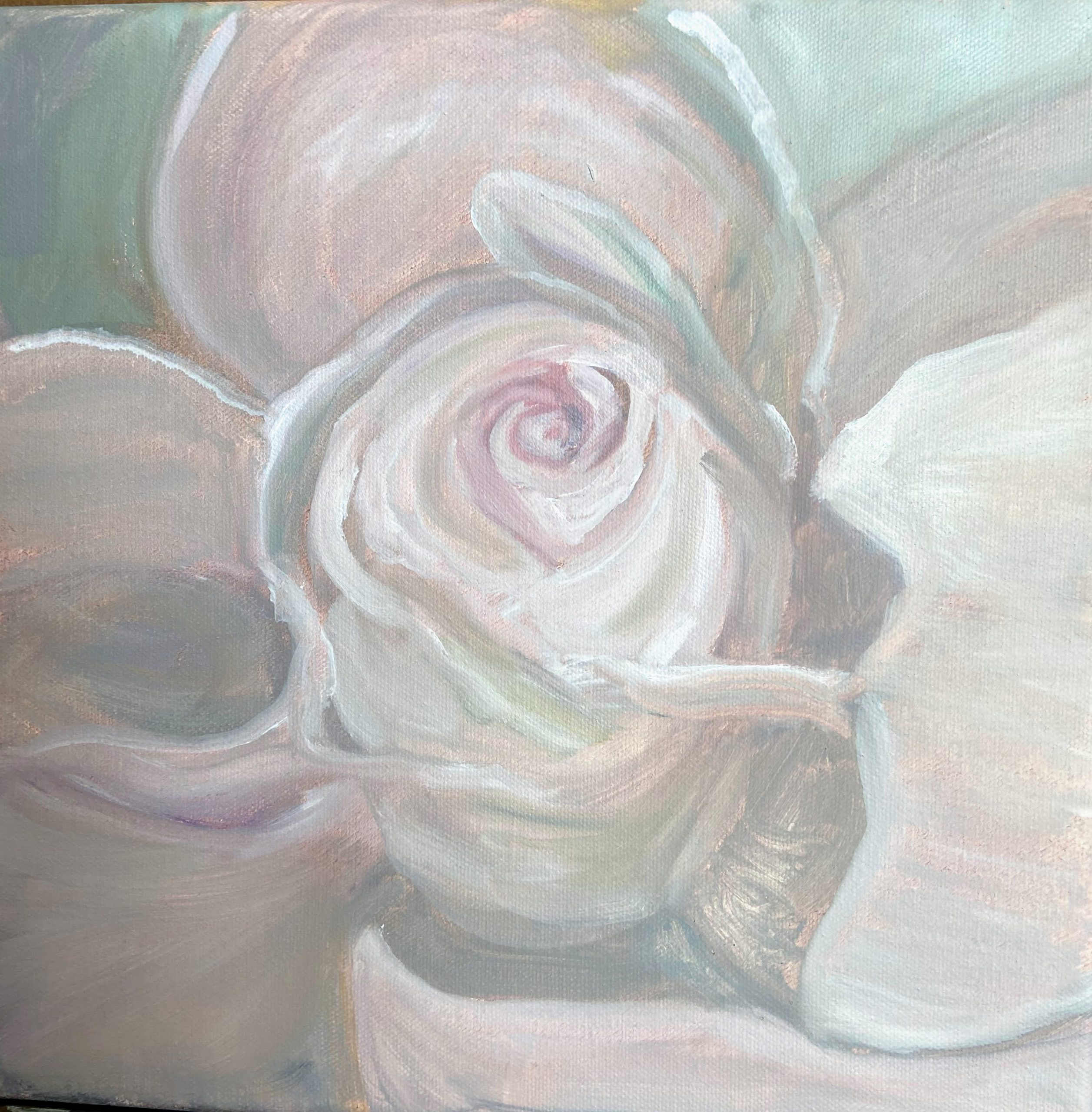 Acrylic painting of a rose done in white-on-white Alla Prima style