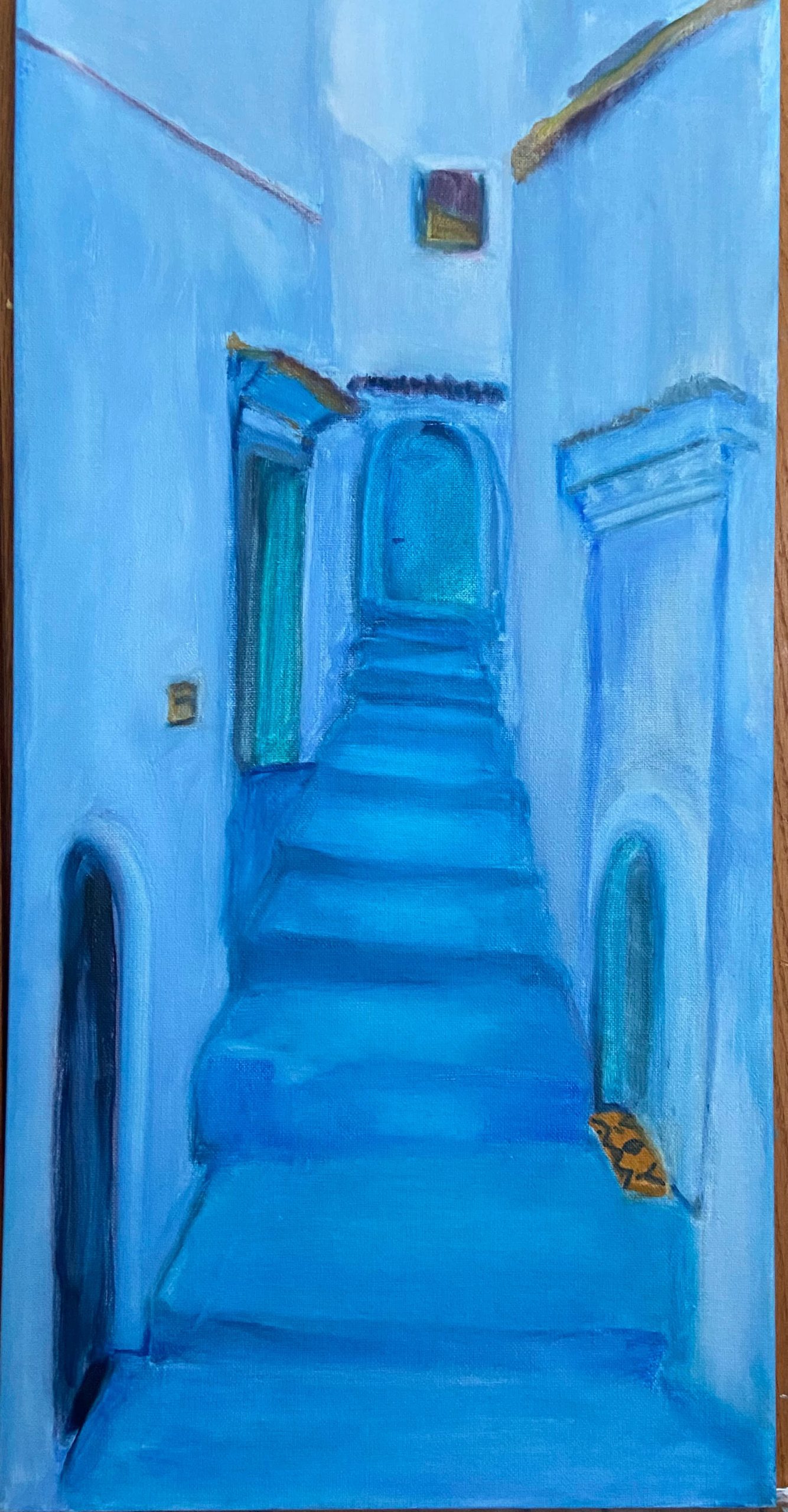 Painting done with various shades of blue paint showing a staircase leading use to a blue door
