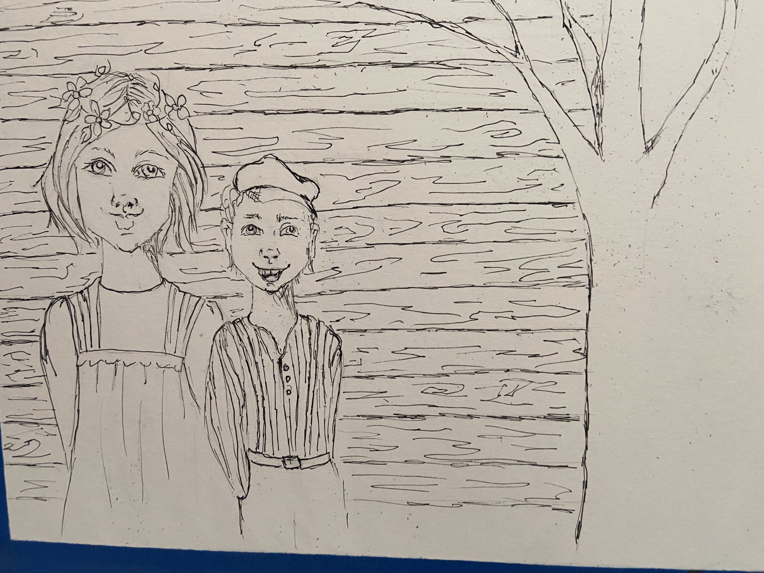 Ink sketch of two children inspire by Astrid Lindgren stories