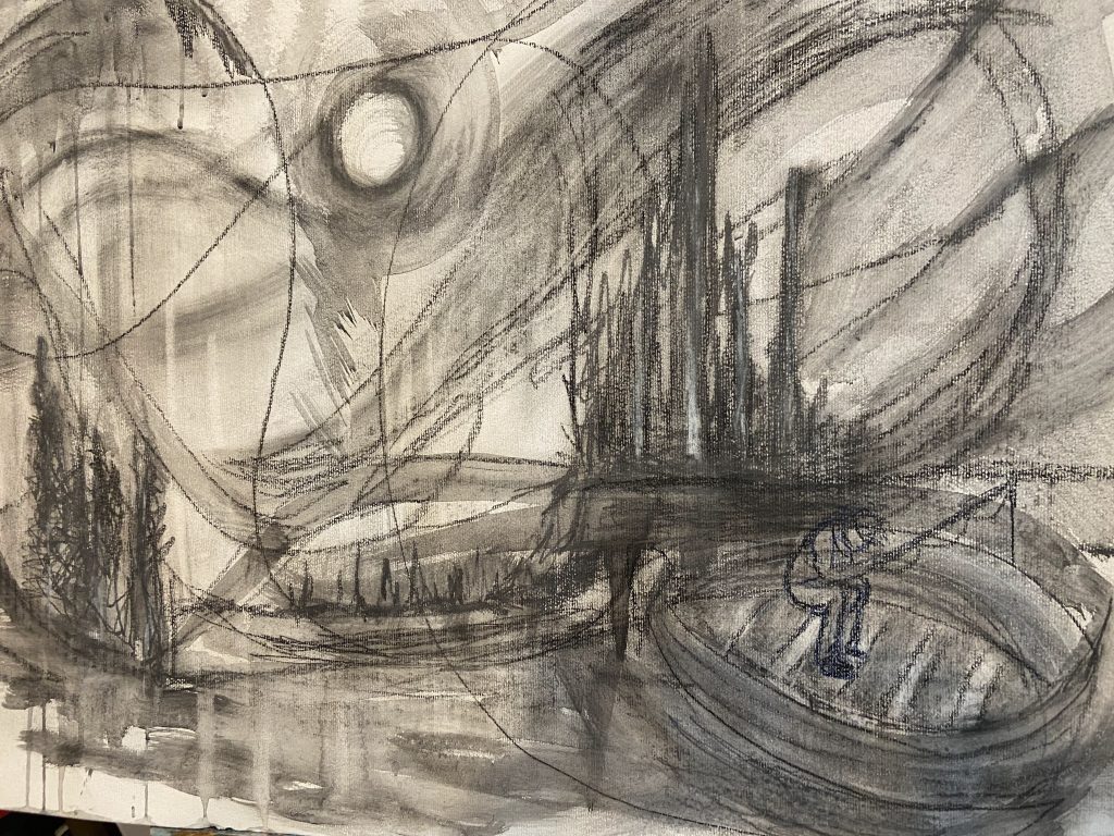 Abstract graphite landscape drawing showing a man in a boat