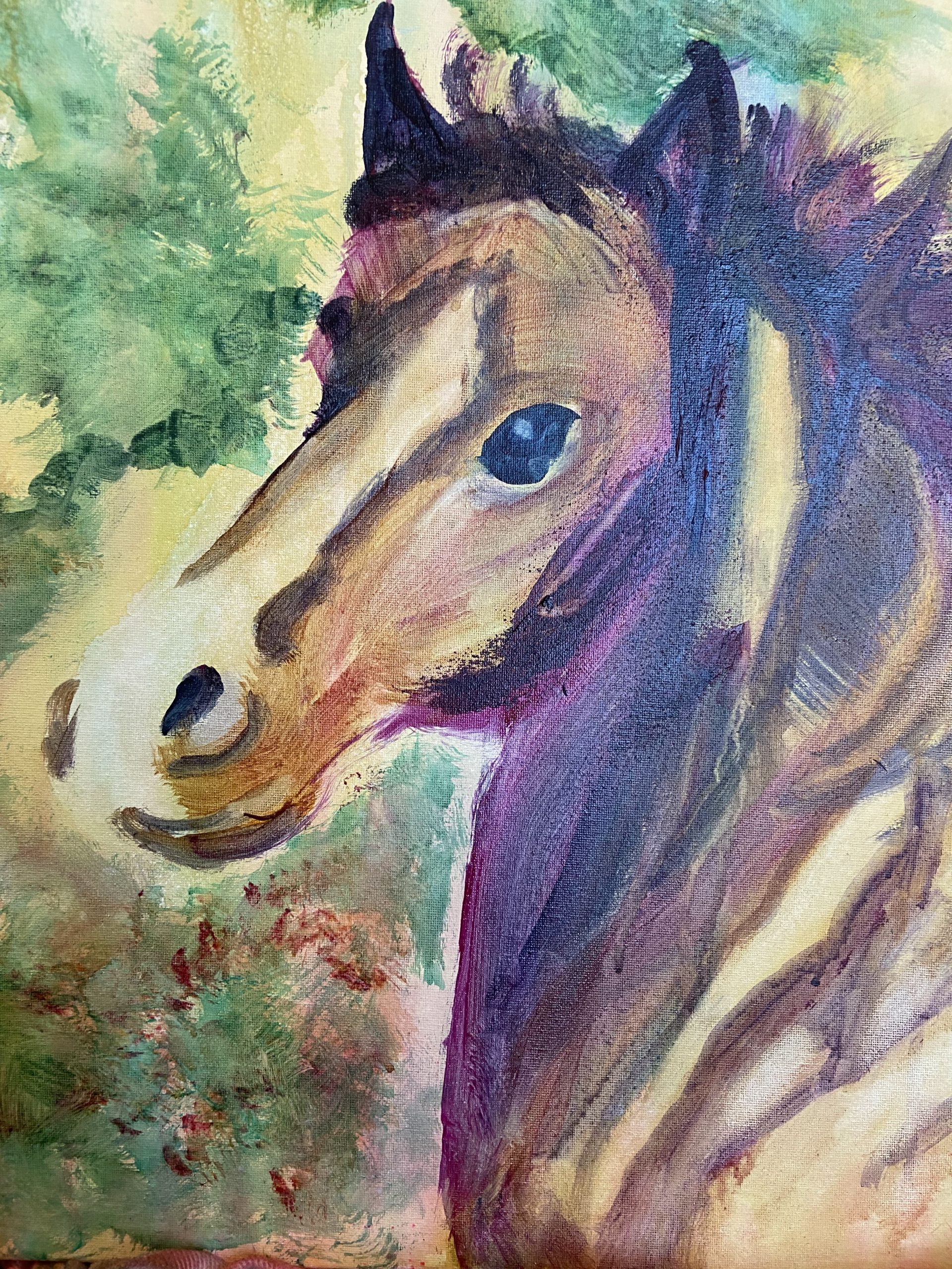 First layer of a acrylic painting of a horse head in profile.