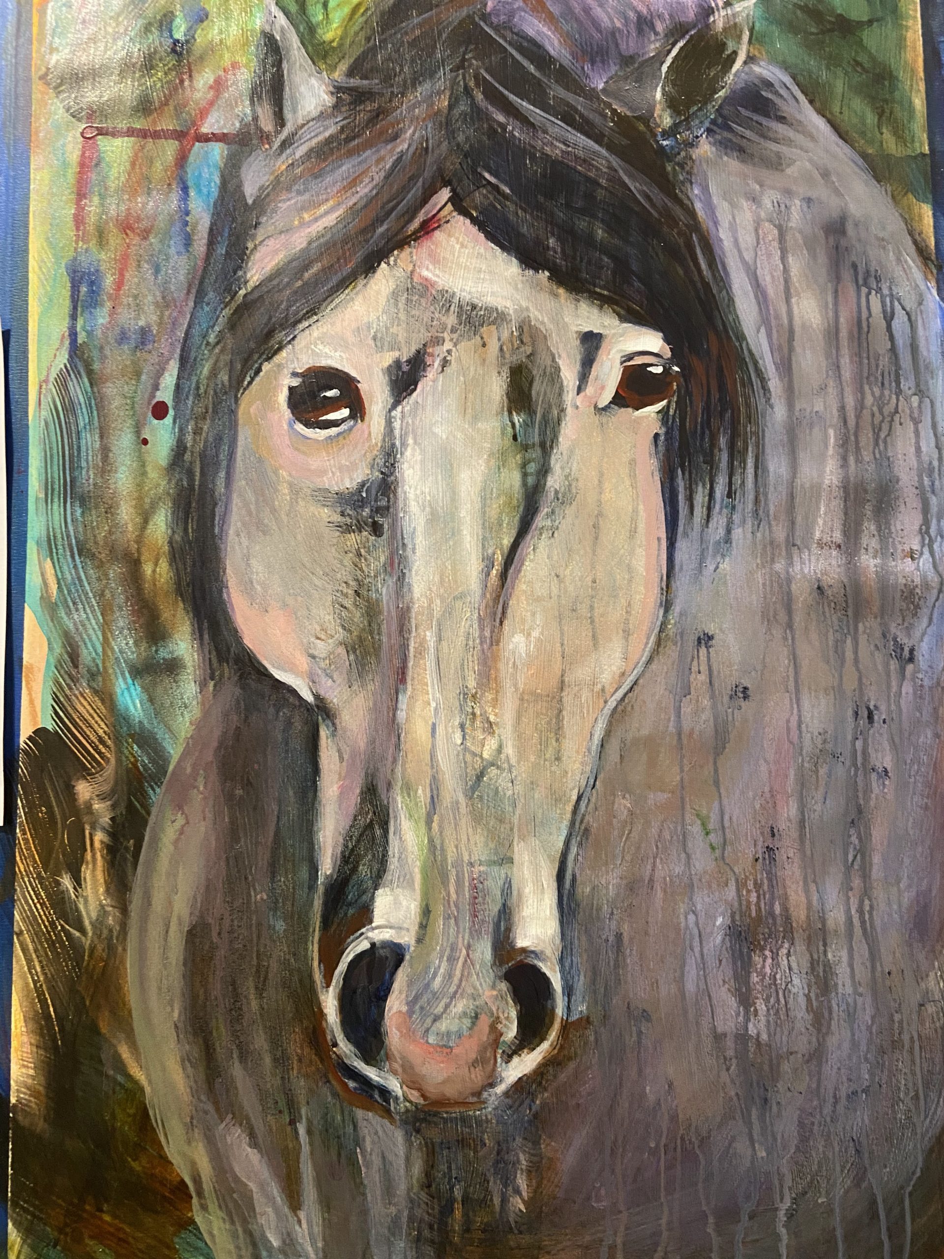 Painting of a grey horse done in acrylics on an abstract background