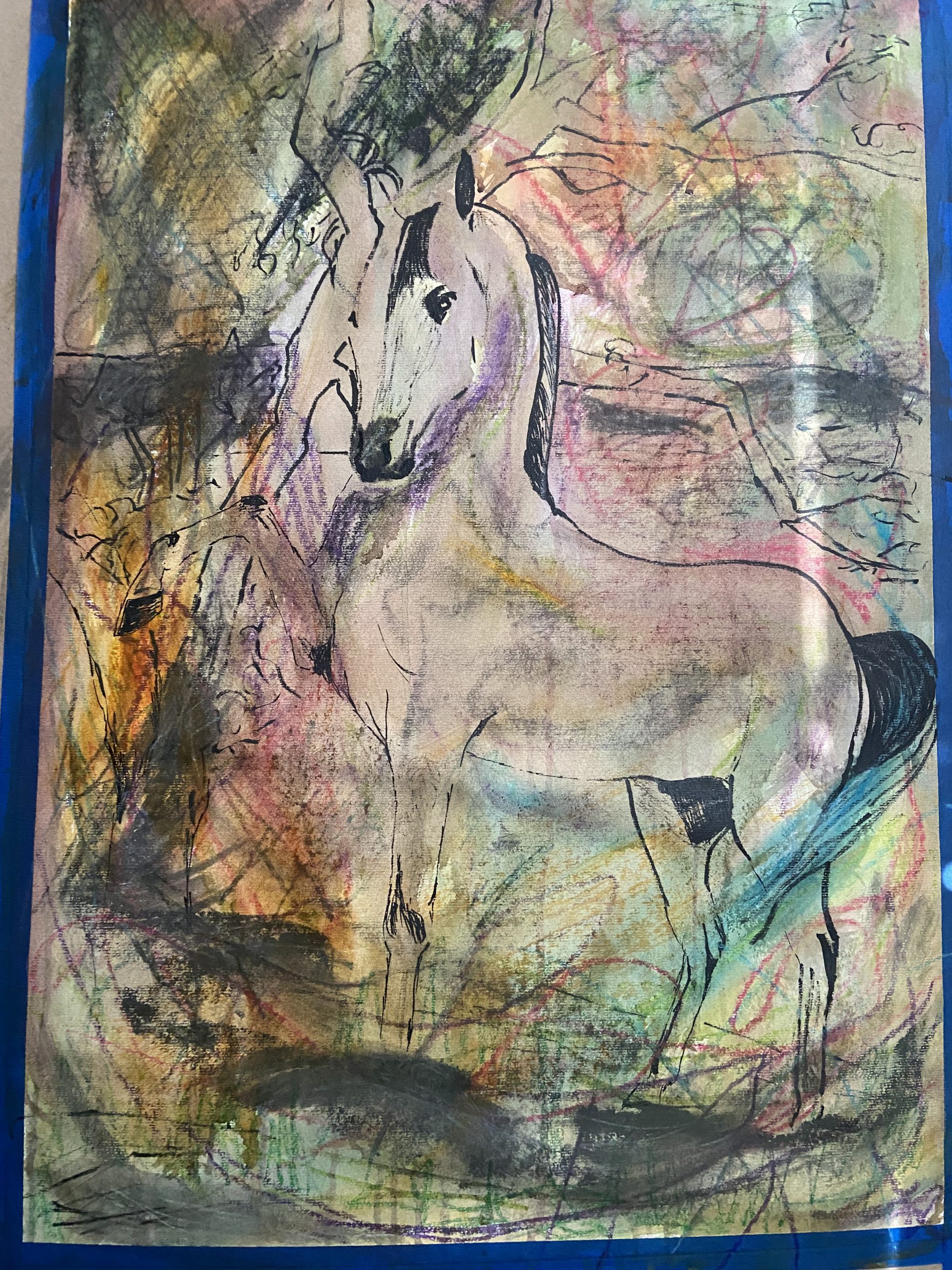 Initial Painting of a horse using various mark-making techniques and tools