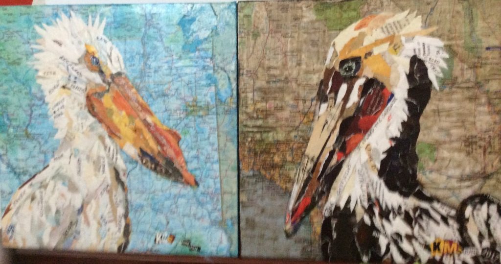 Painted paper collage of two pelicans