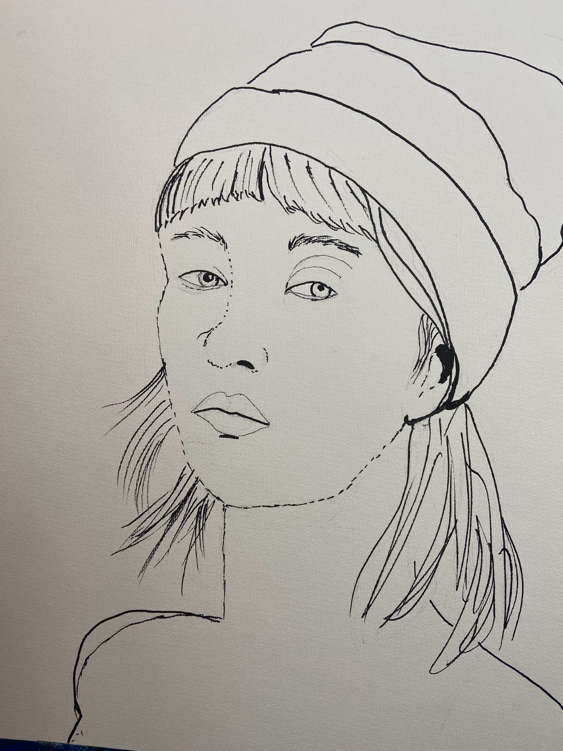 Pen sketch of a sulky girl with a knit hat