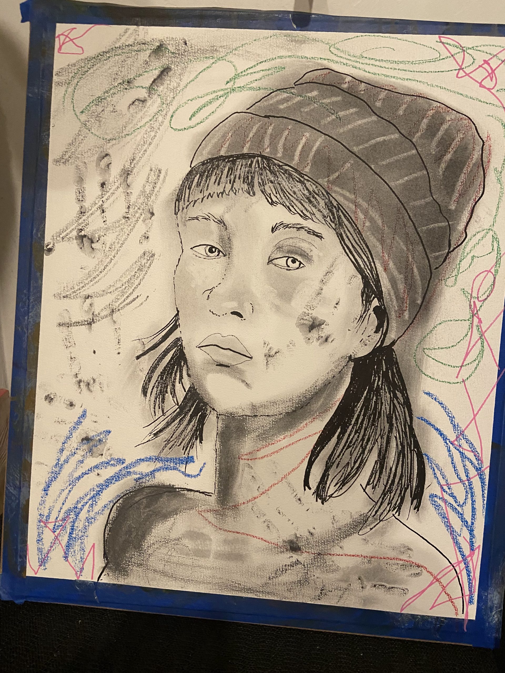 Drawing of a girl with a knit hat embellished with mark-making