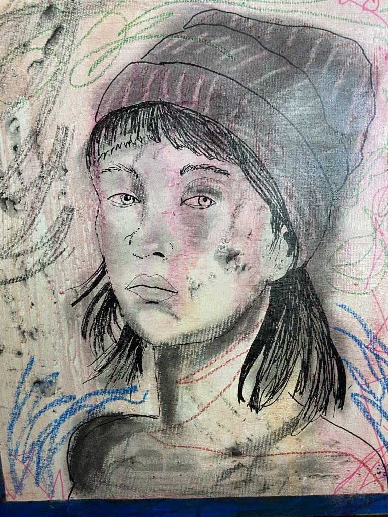 Drawing of a girl with a knit hat using transparent washhes