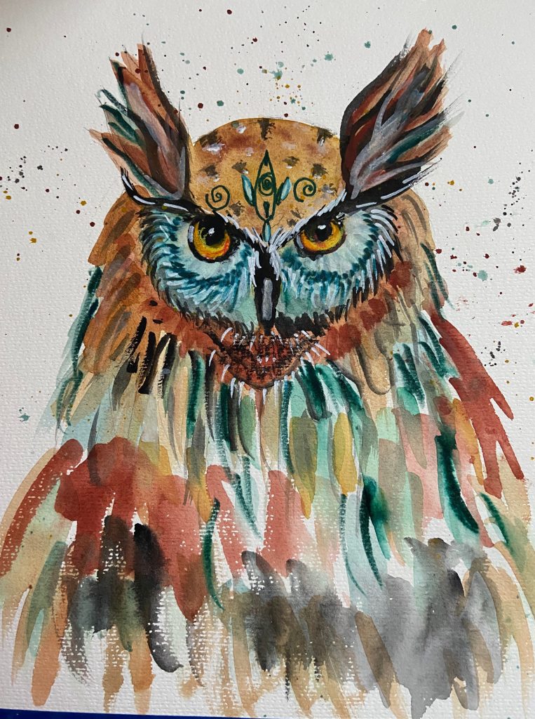 Mixed media painting of an owl 