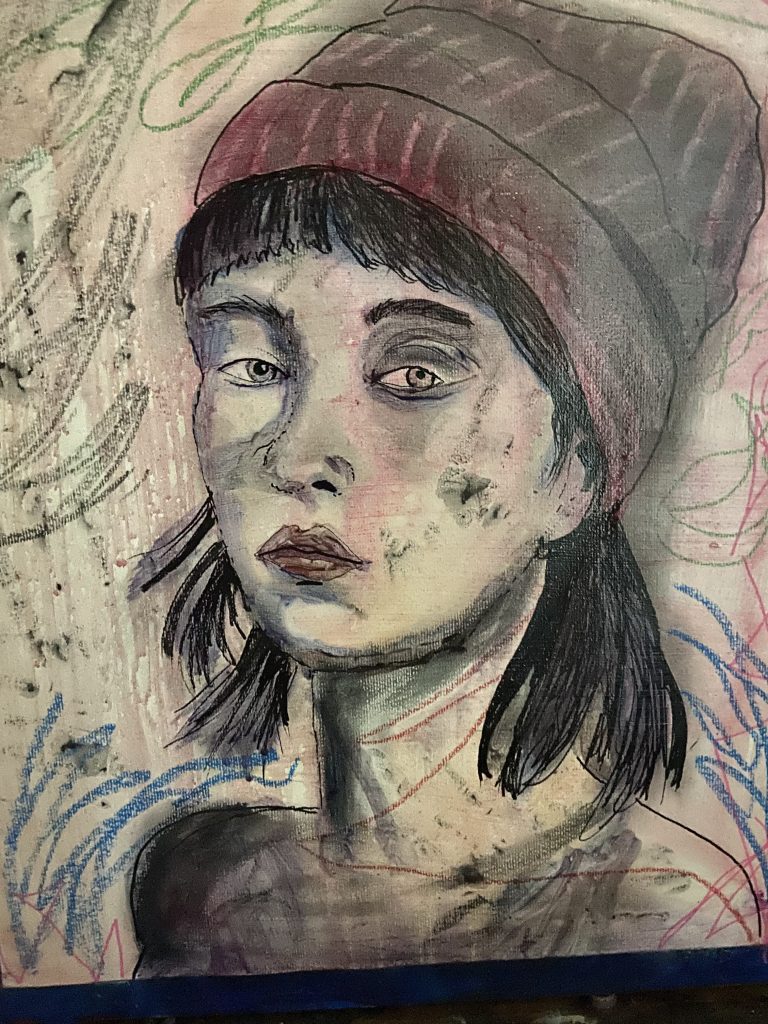 Mixed media painting of a girl in a knit hat