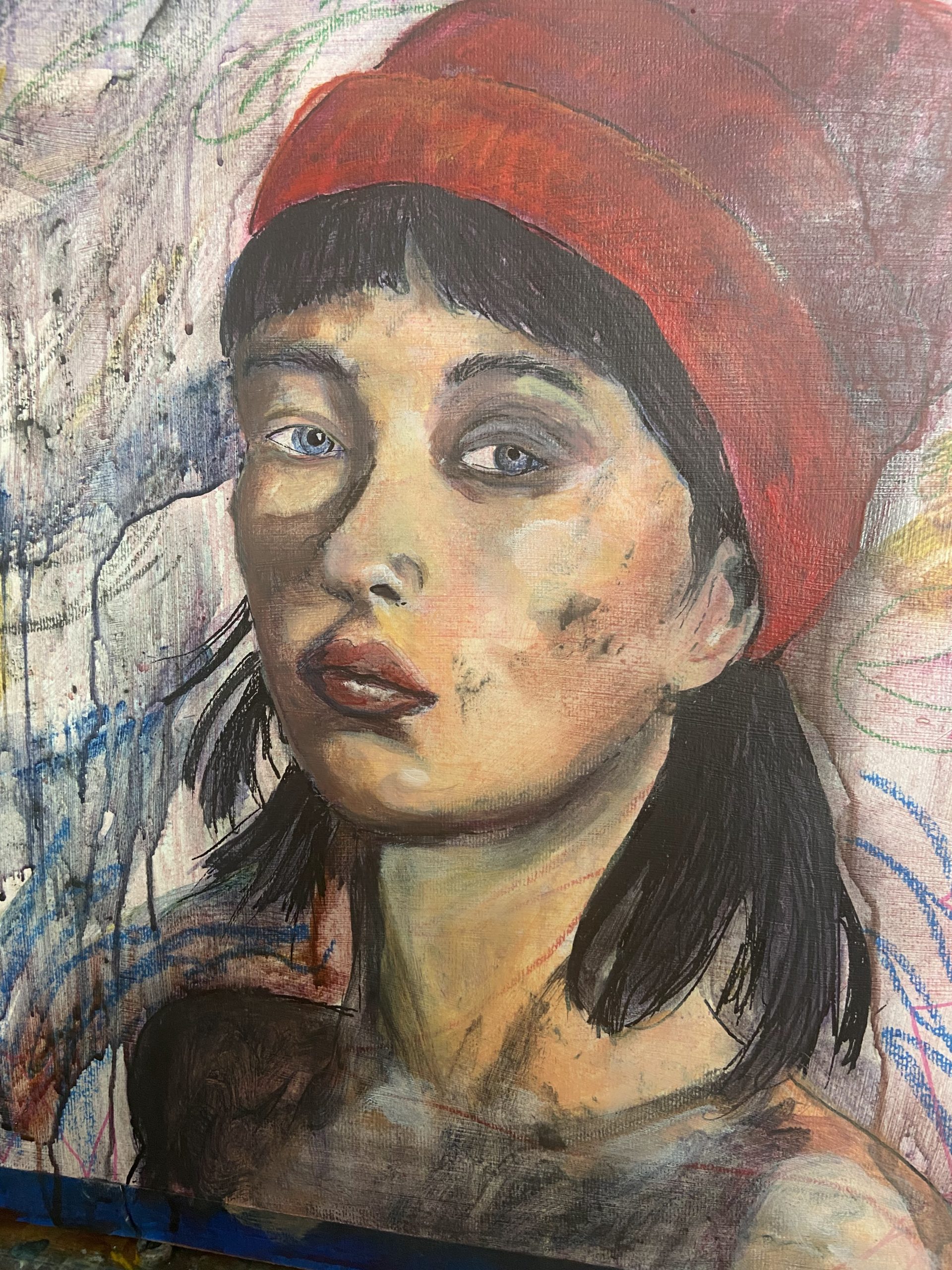 Portrait of a girl wearing a hat, done in a grunge style