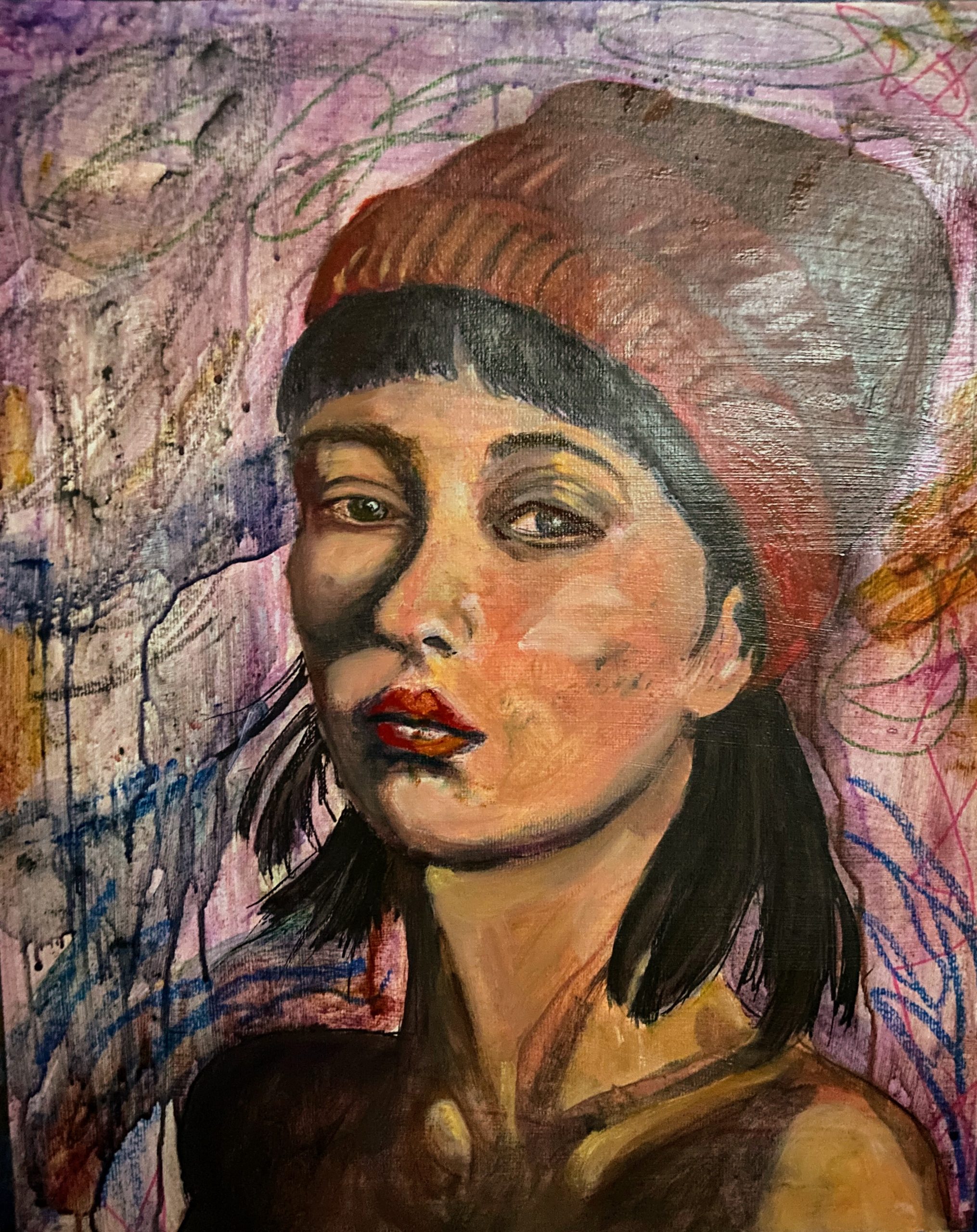 Portrait of a young girl in a knit cap done in a grunge style