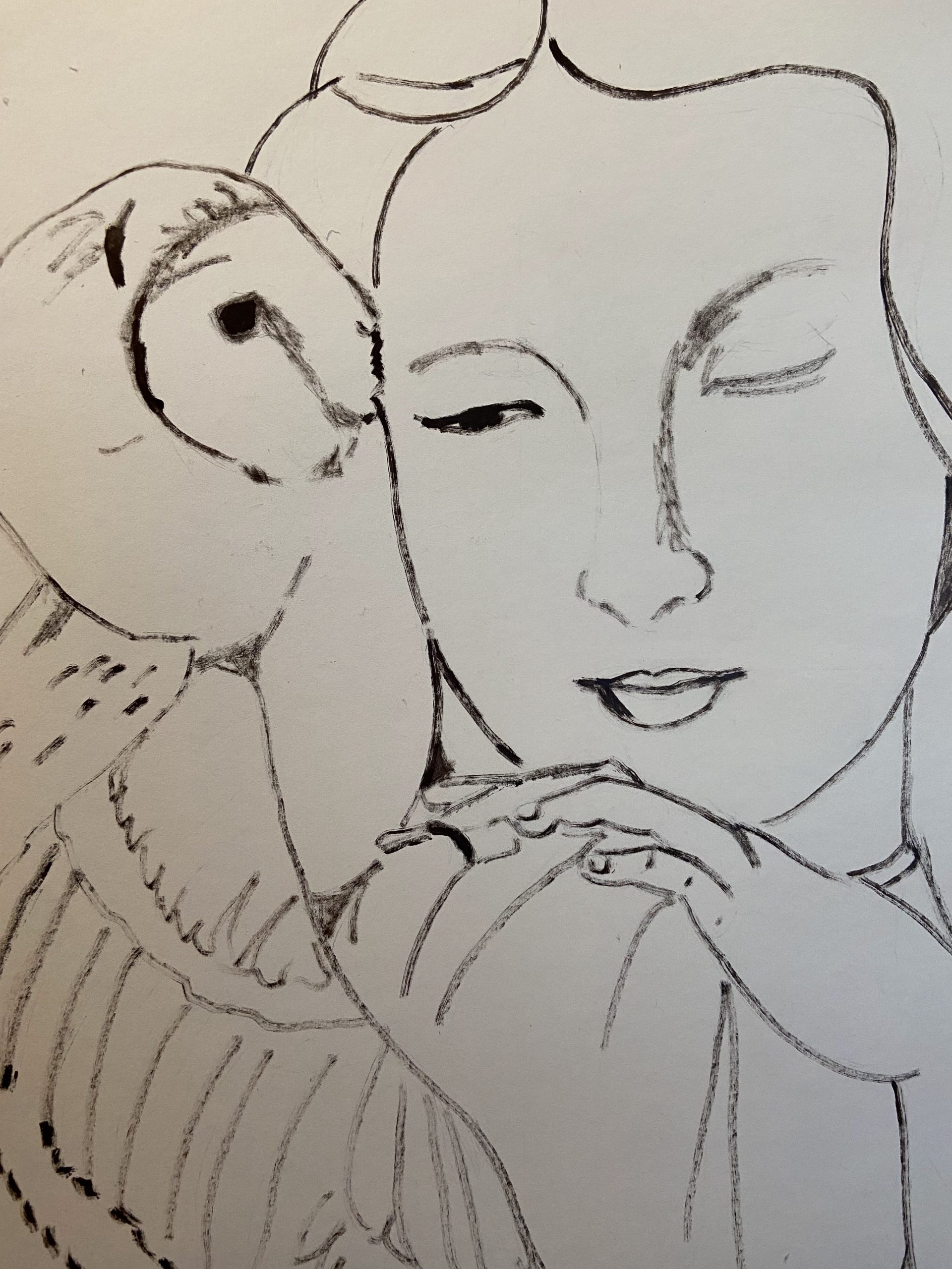 Drawing of a young girl with an owl perched on her shoulder