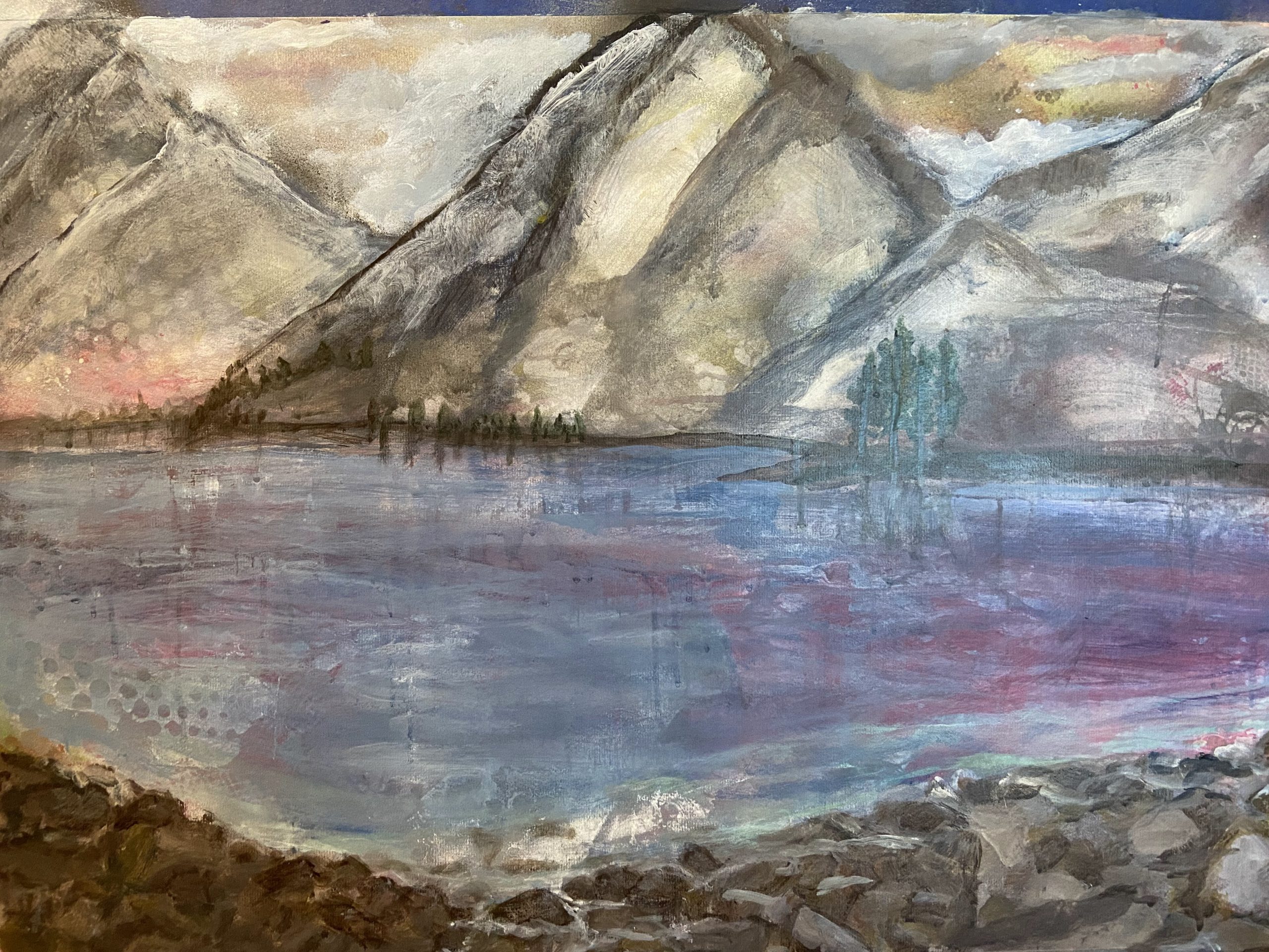 A painting of a mountain scene with a lake